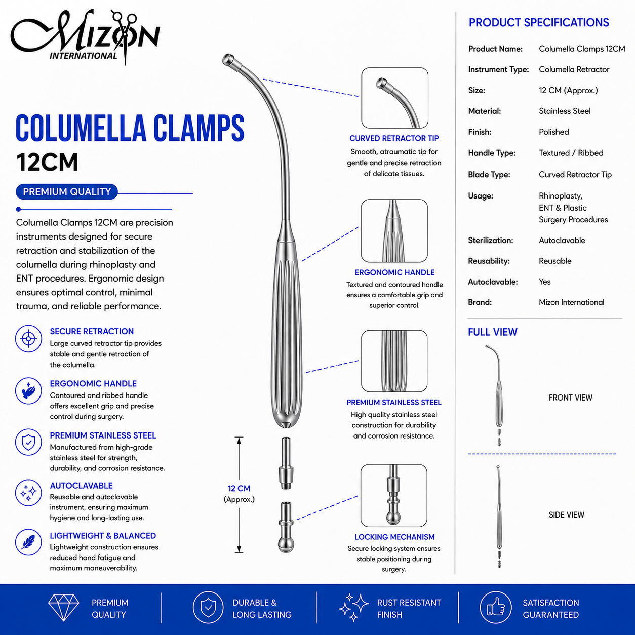 Columella Clamps 12cm Curved Retractor | Rhinoplasty & ENT Surgical Instrument | Mizon International