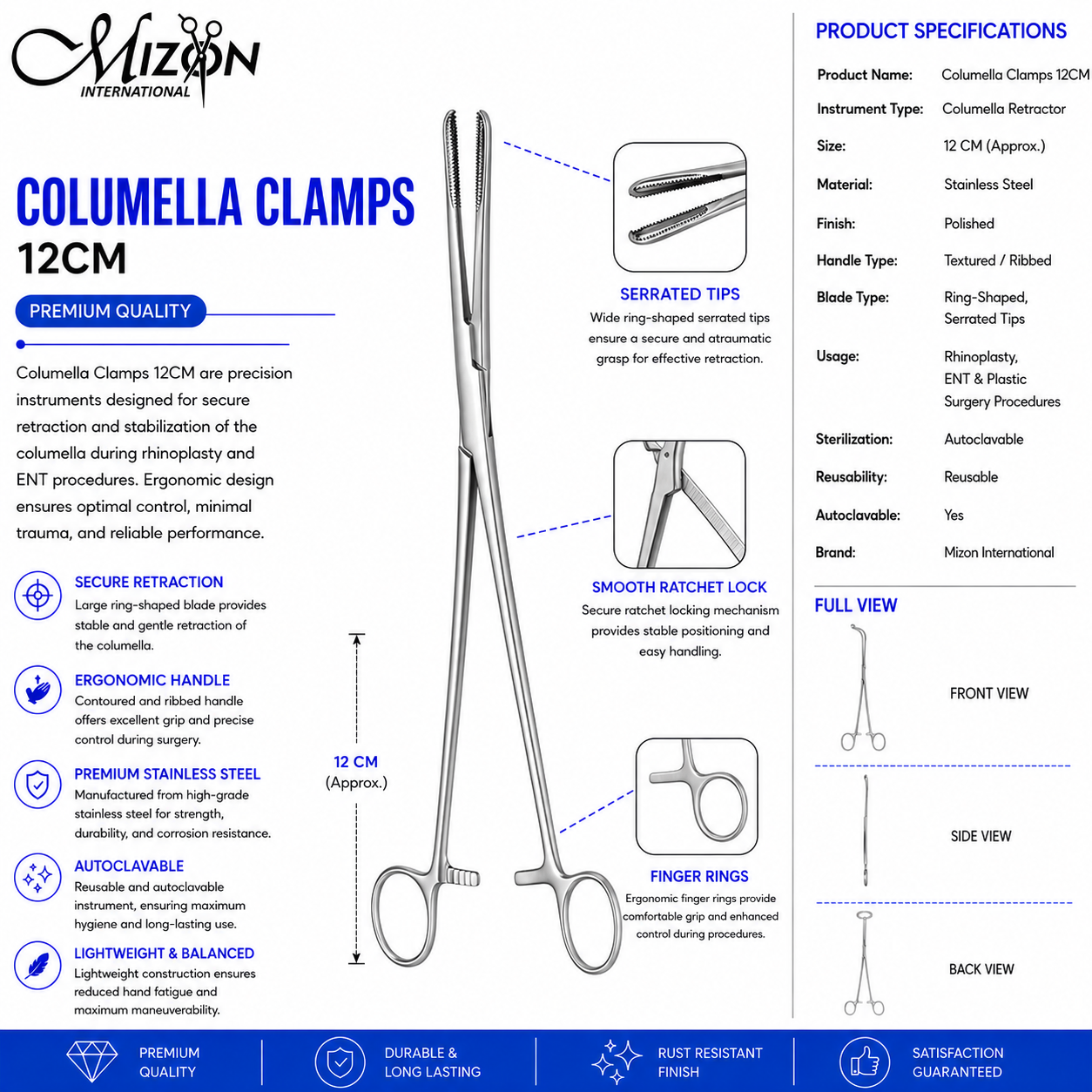 Columella Clamps 12cm Stainless Steel | Rhinoplasty & ENT Surgical Instrument | Mizon International