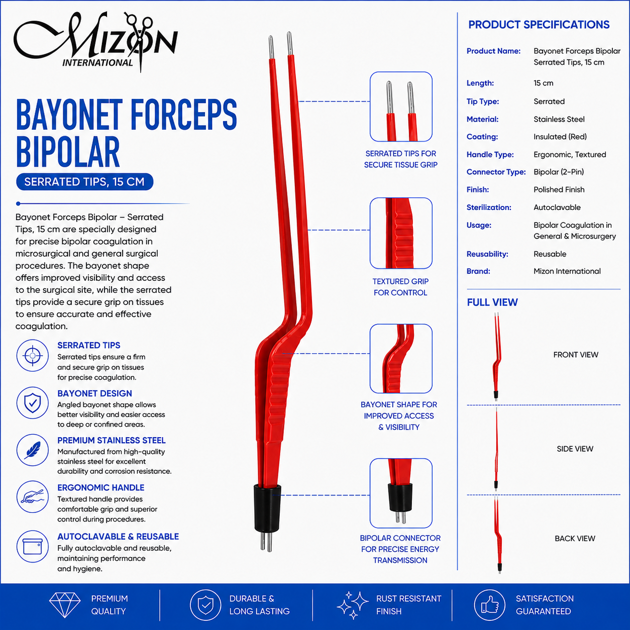 ayonet Bipolar Forceps 15 cm Serrated Tips | Electrosurgical Bipolar Forceps | Mizon International USA