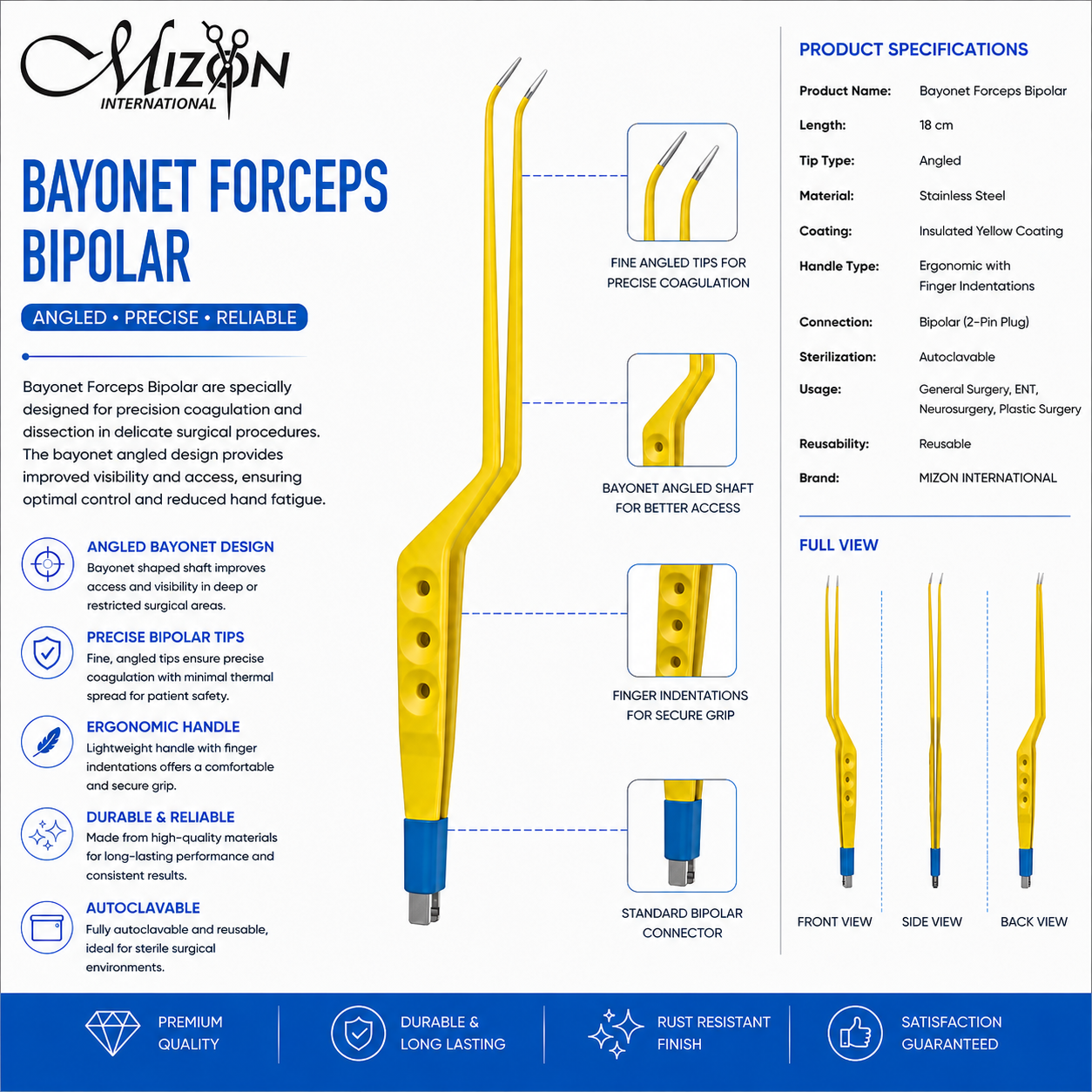 Bayonet Bipolar Forceps 18 cm Angled Tips | Insulated Electrosurgical Forceps | Mizon International USA