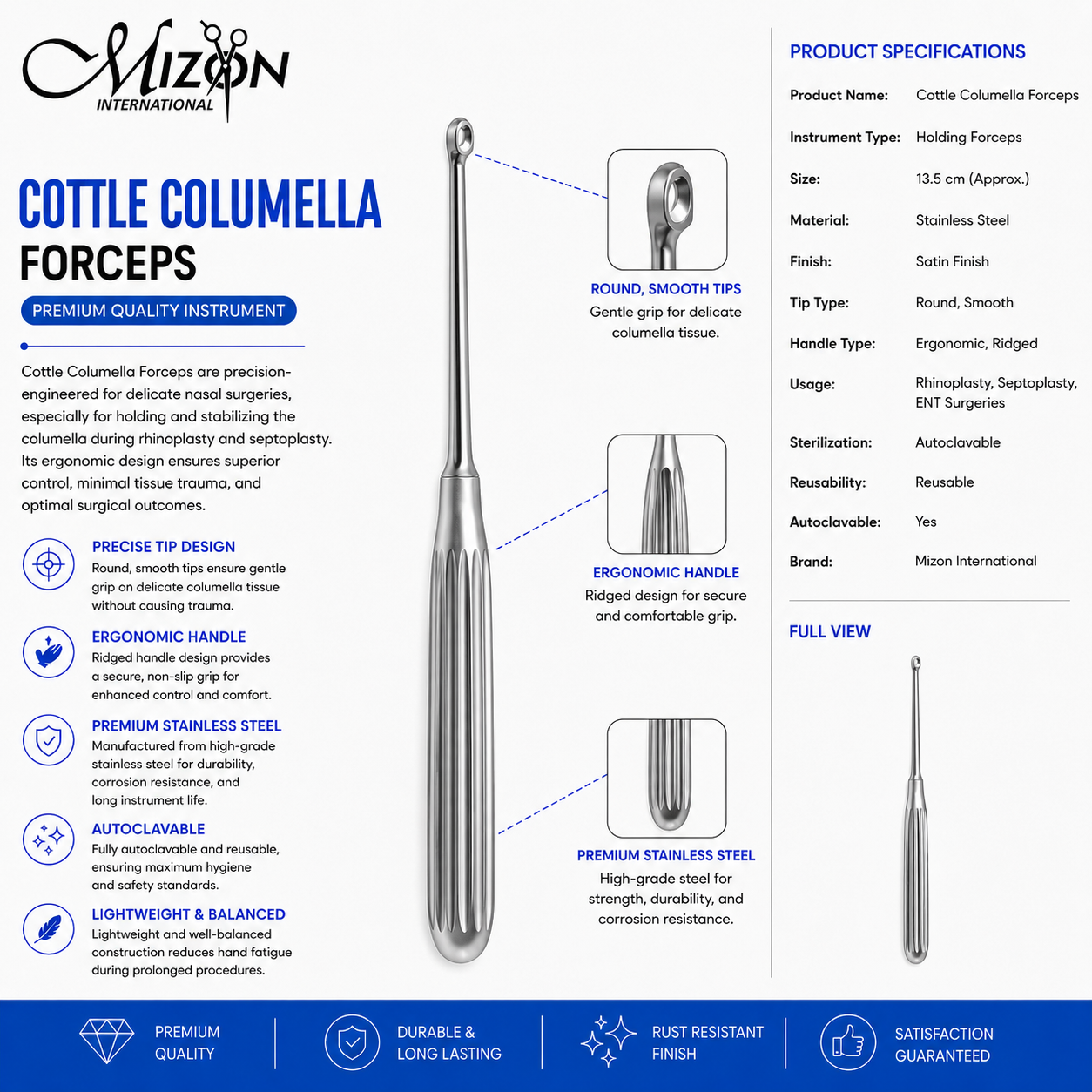 Premium Cottle Columella Forceps 13.5 cm made from surgical stainless steel for rhinoplasty and ENT procedures. Autoclavable, reusable, USA quality.