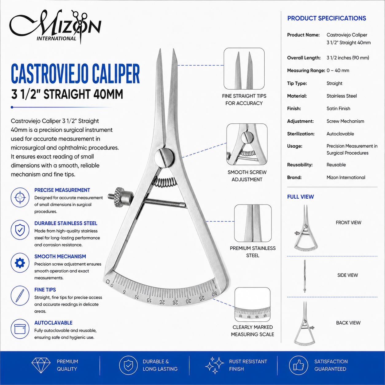 Castroviejo Caliper 3½" Straight 40mm Stainless Steel Precision Surgical Measuring Instrument