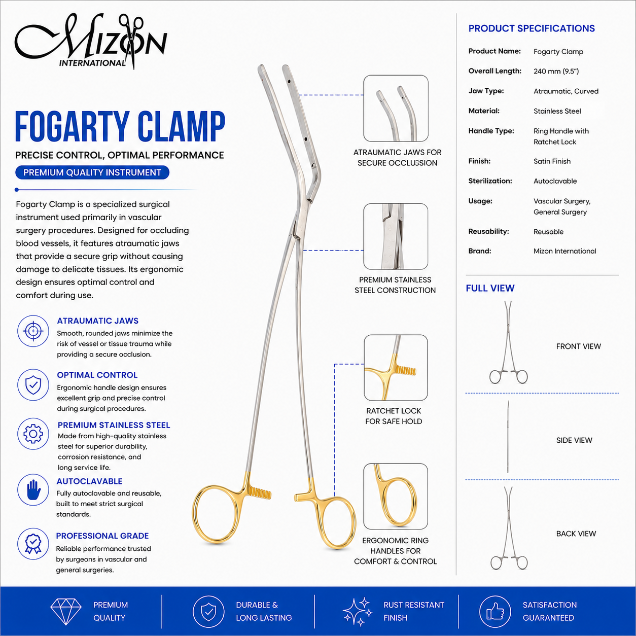 Fogarty Clamp 240 mm Stainless Steel Atraumatic Vascular Surgical Instrument