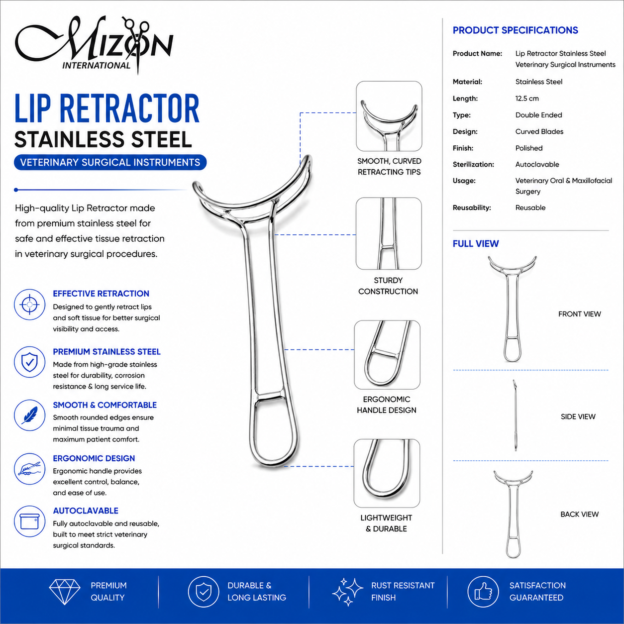 Veterinary Lip Retractor – 12.5 cm | Premium Stainless Steel Double-Ended Oral Surgical Instrument
