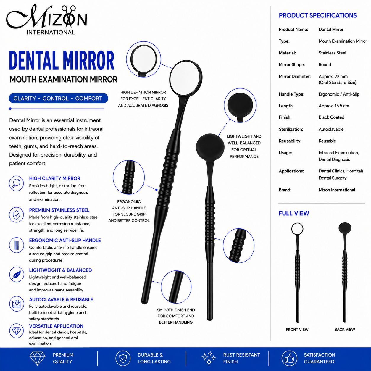 Mizon International Dental Mirror Mouth Examination Mirror Black Coated Stainless Steel Diagnostic Instrument