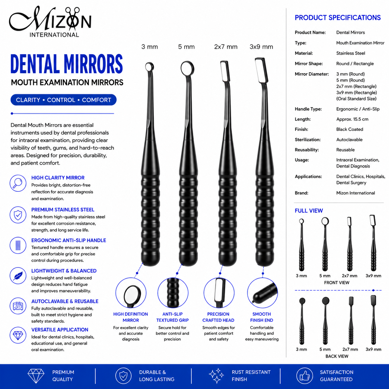 Mizon International Dental Mouth Examination Mirrors Black Stainless Steel Round and Rectangular Diagnostic Mirror Set
