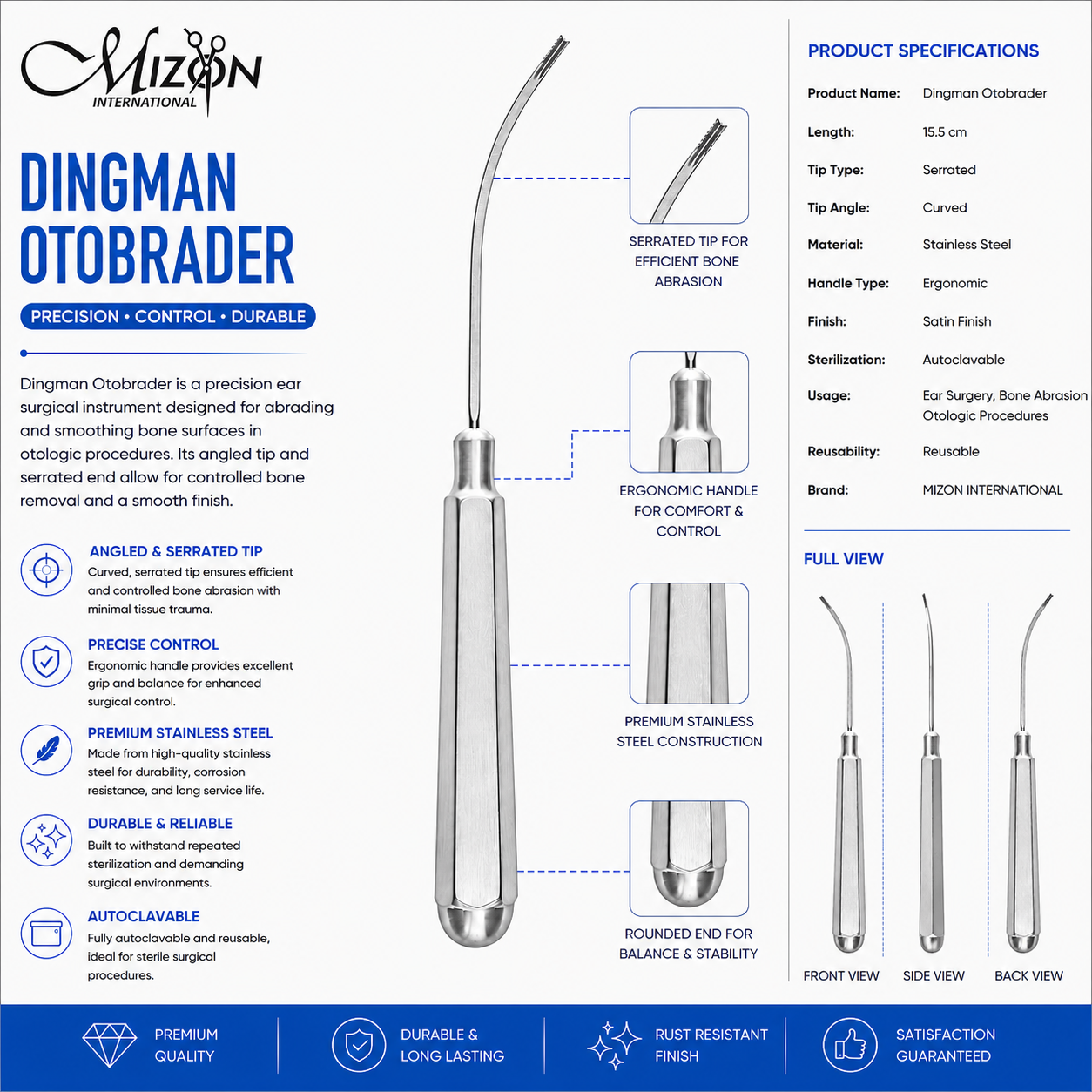 Dingman Otobrader 15.5 cm stainless steel ENT surgical instrument