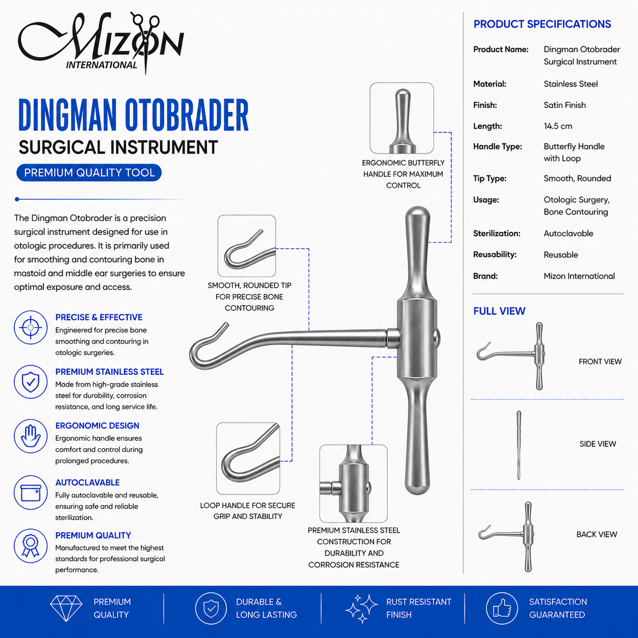 Dingman Otobrader 14.5cm stainless steel surgical instrument with butterfly handle for otologic bone contouring by Mizon International