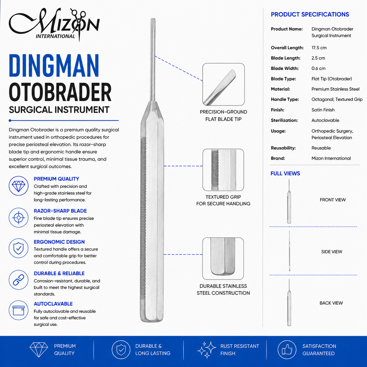 Dingman Otobrader 17.5 cm stainless steel surgical instrument with precision flat blade tip by Mizon International