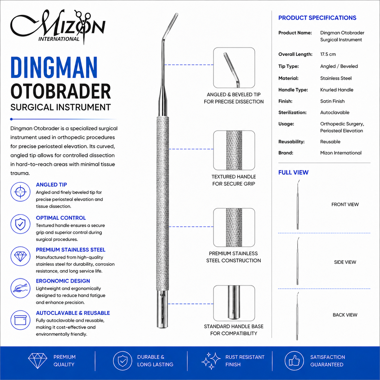 Dingman Otobrader 17.5 cm angled beveled stainless steel surgical instrument by Mizon International