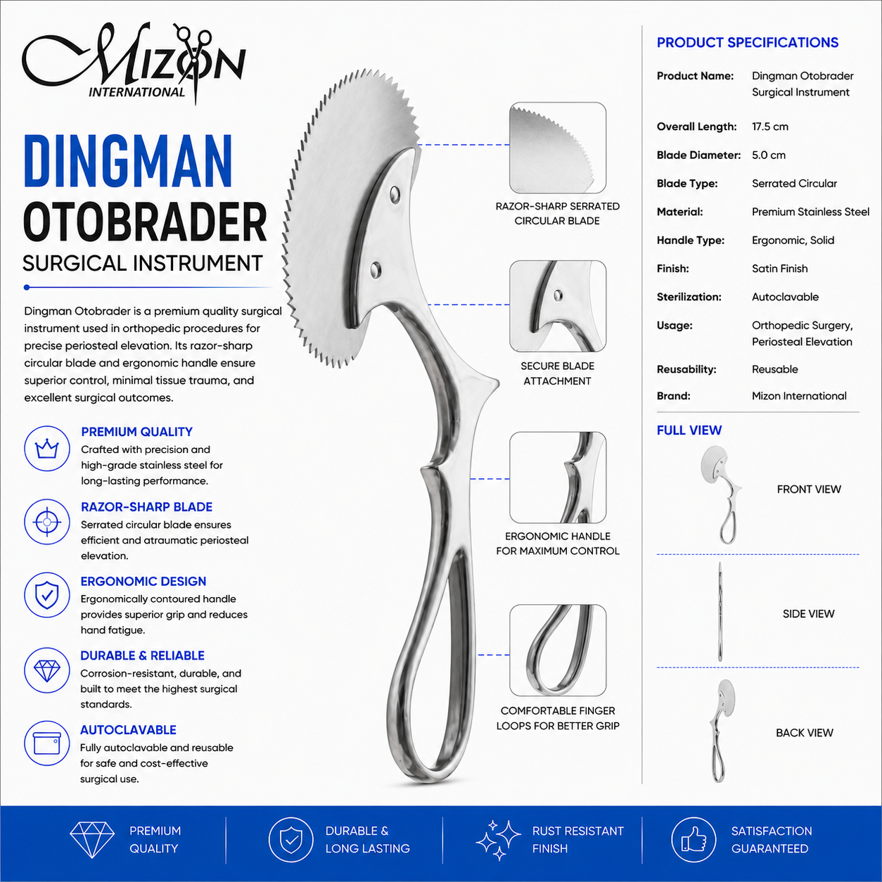 Dingman Otobrader surgical instrument with serrated circular blade stainless steel by Mizon International