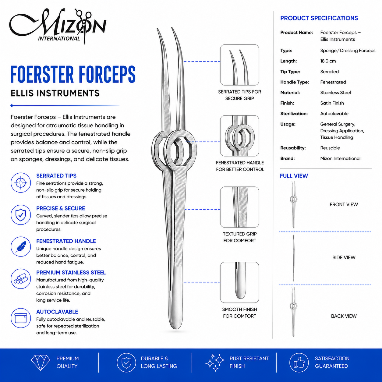 Foerster Forceps Ellis Instruments 18 cm Serrated Stainless Steel Dressing Forceps by Mizon International