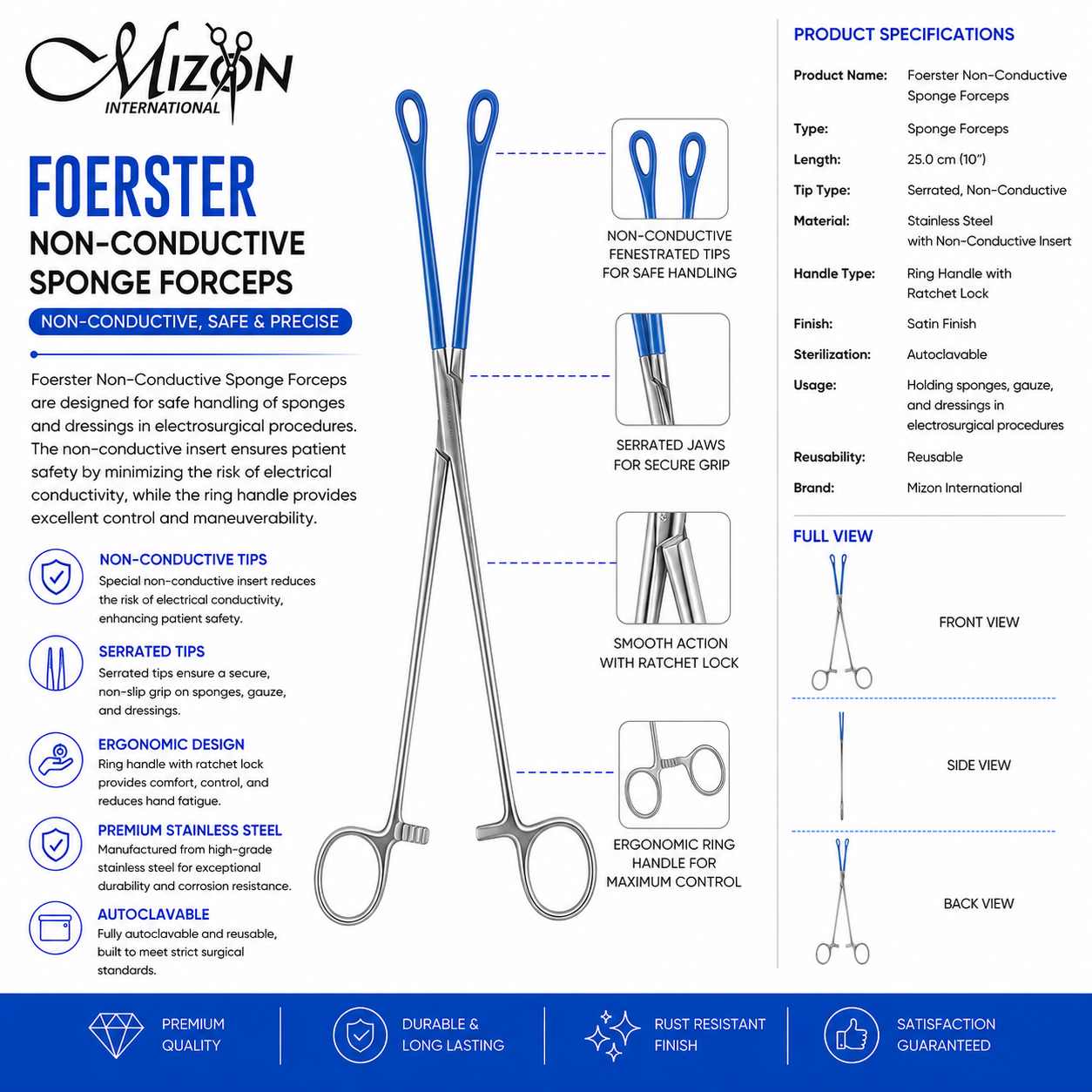 Foerster Non-Conductive Sponge Forceps 10 Inch 25 cm with Insulated Blue Tips by Mizon International