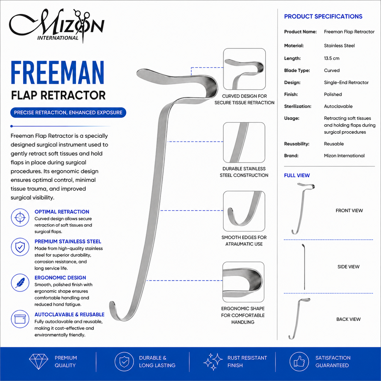 Freeman Flap Retractor 13.5 cm Stainless Steel Surgical Retractor for Soft Tissue Retraction by Mizon International