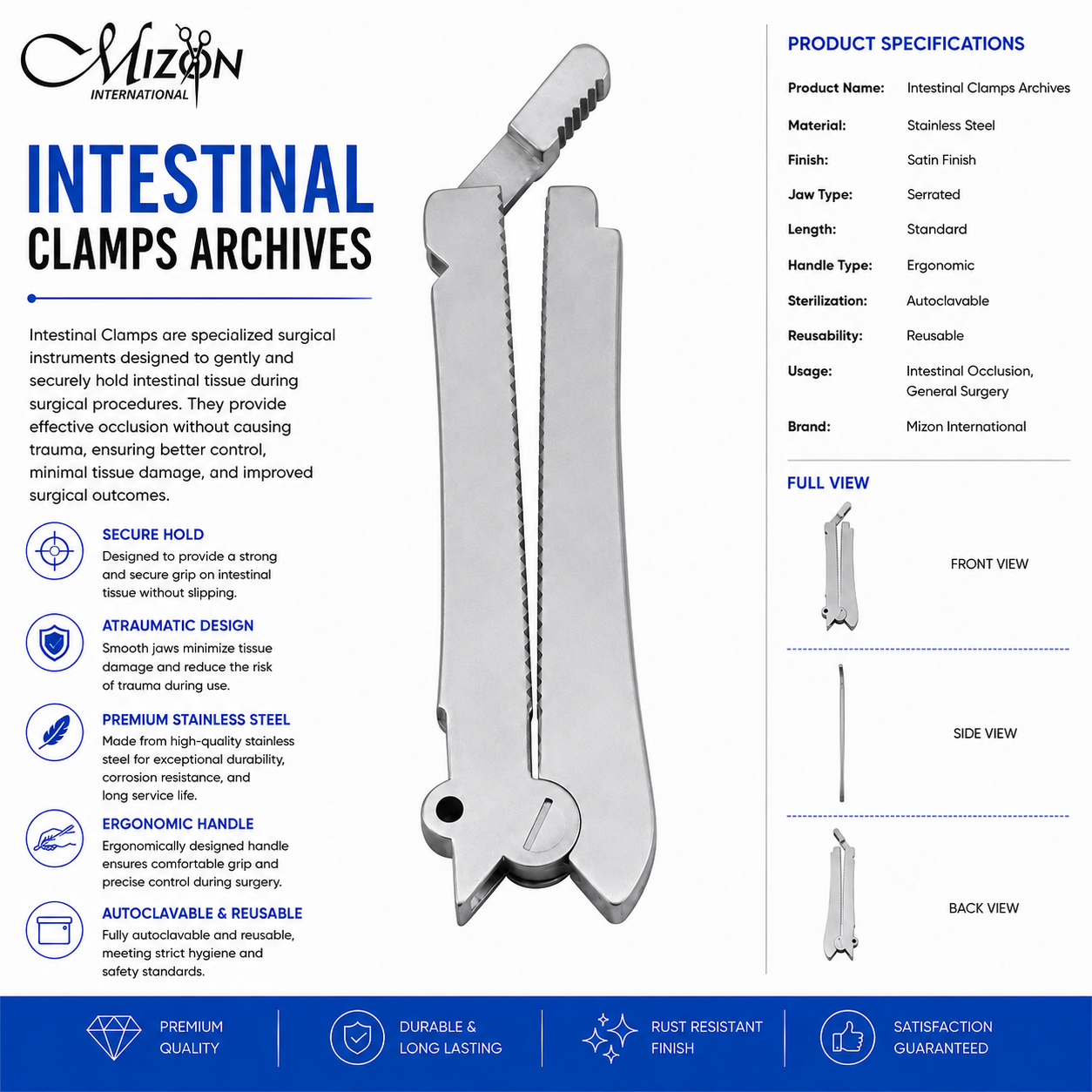 Premium Stainless Steel Intestinal Clamp Surgical Instrument for General Surgery by Mizon International