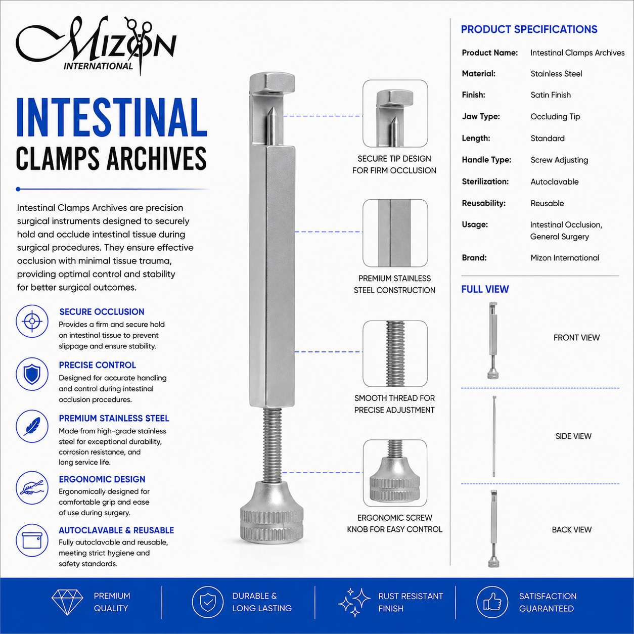 Stainless Steel Intestinal Clamp with Screw Adjusting Mechanism for General Surgery by Mizon International