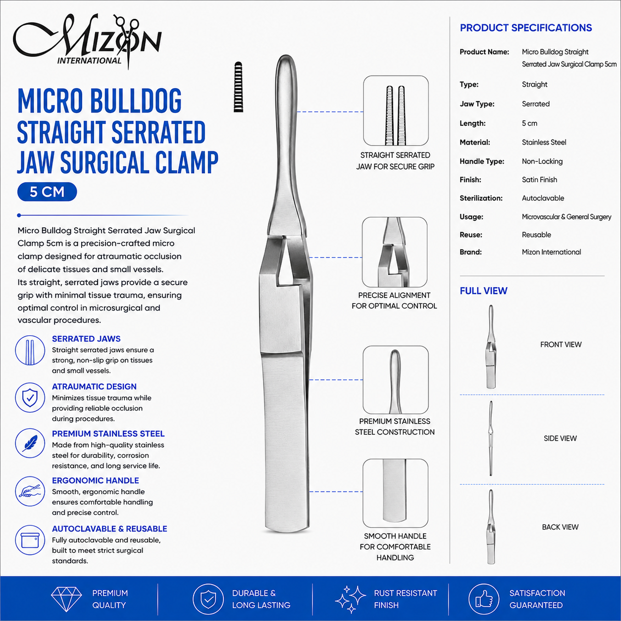 Micro Bulldog Straight Serrated Jaw Surgical Clamp 5 cm Stainless Steel by Mizon International