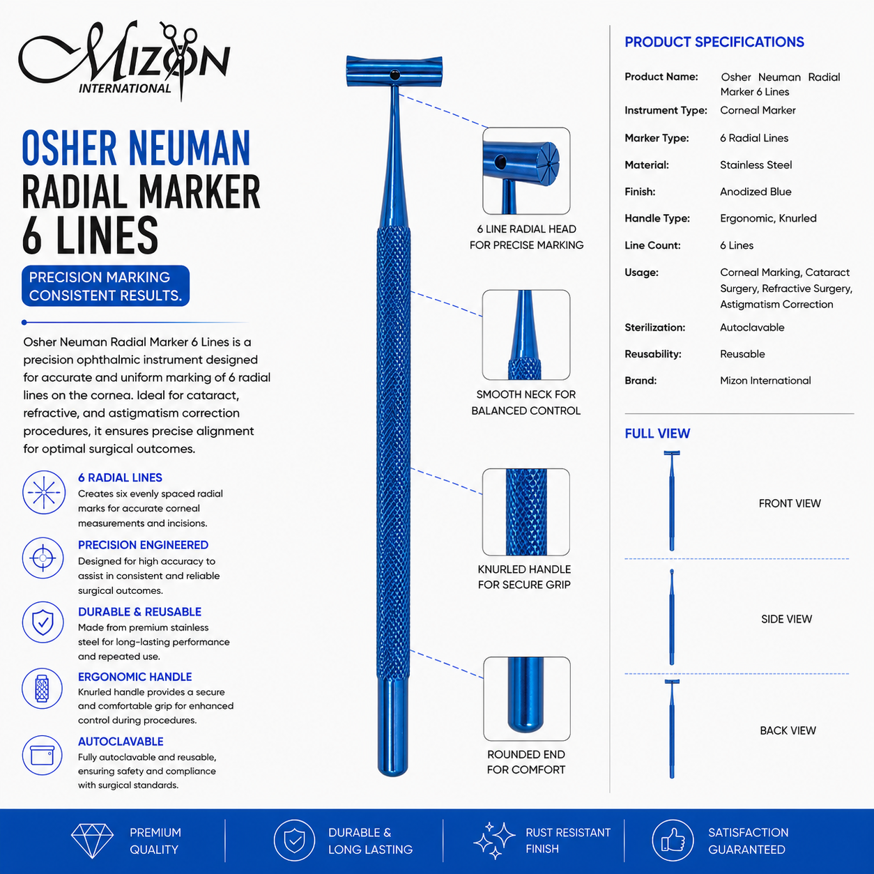 Premium Osher Neuman Radial Marker 6 Lines Stainless Steel Ophthalmic Instrument for Precise Corneal Marking