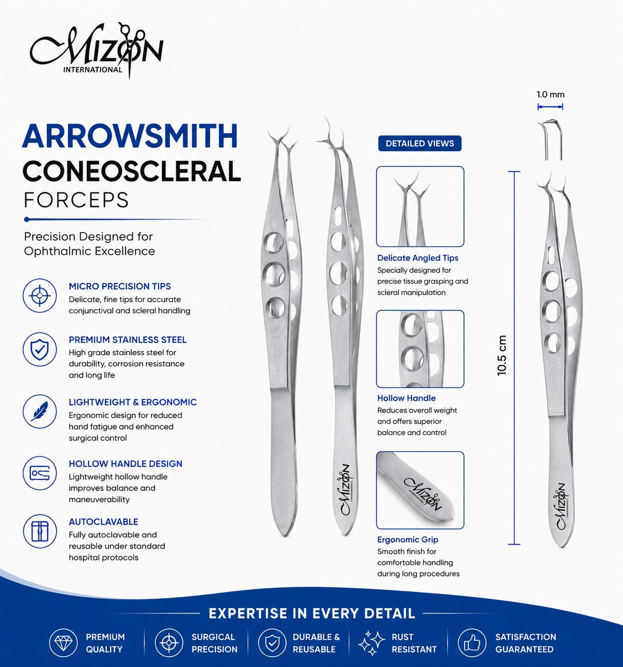 Arrowsmith Coneoscleral Forceps – 10.5 cm Stainless Steel Ophthalmic Microsurgical Forceps with Fine Angled Tips