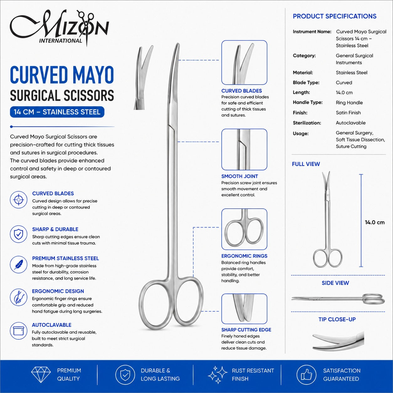 Curved Mayo Surgical Scissors 14 cm – Stainless Steel Curved Operating Scissors | Autoclavable Surgical Instrument