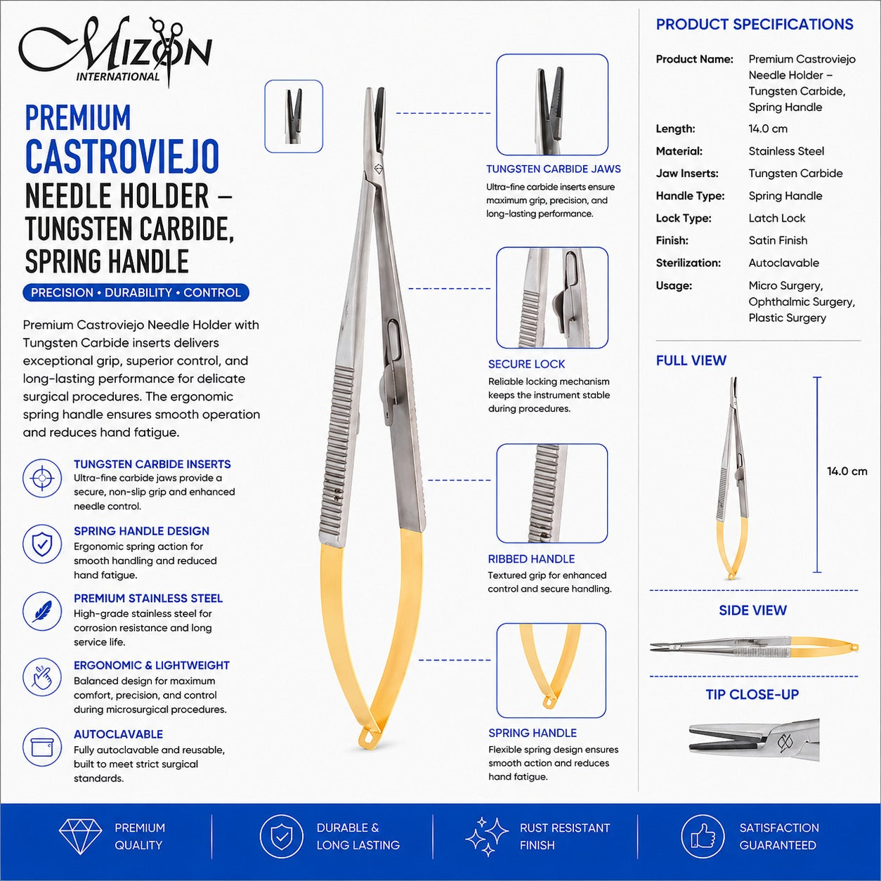 Castroviejo Needle Holder 14 cm Tungsten Carbide Spring Handle – Microsurgical Instrument