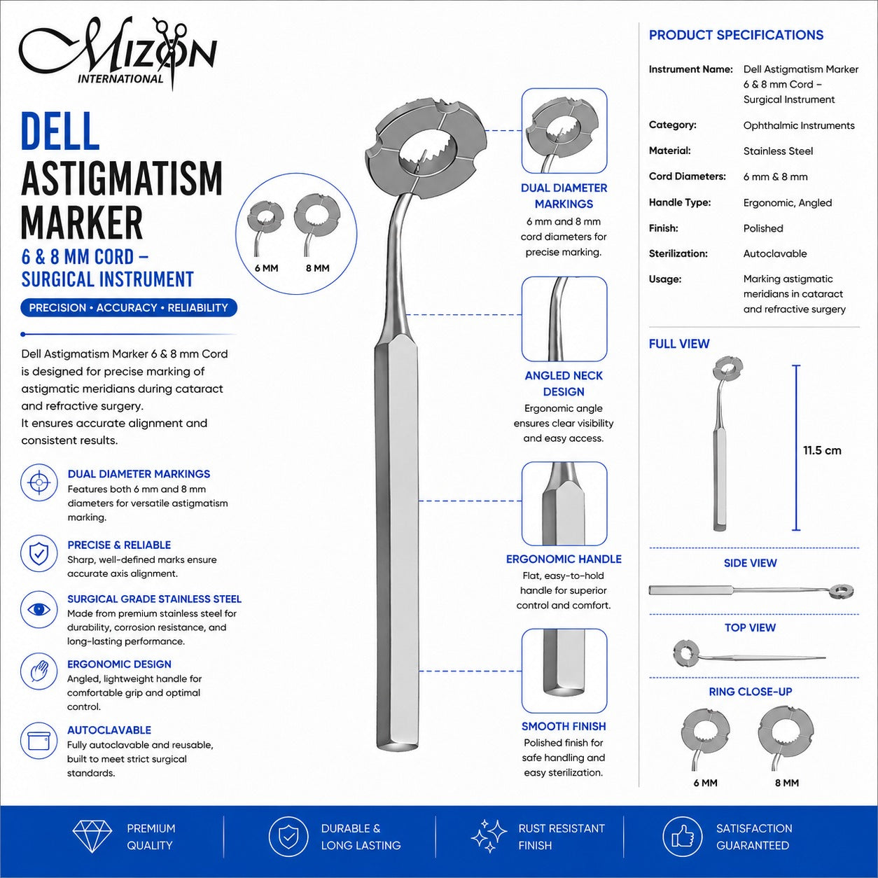 Dell Astigmatism Marker 6 & 8 mm Cord – Stainless Steel Ophthalmic Surgical Instrument | Mizon International