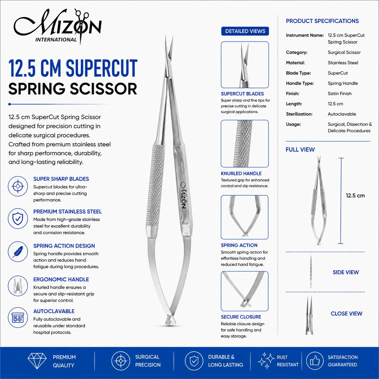 12.5 cm SuperCut Spring Scissor – Stainless Steel Microsurgical Spring Handle Scissors | Autoclavable Surgical Instrument