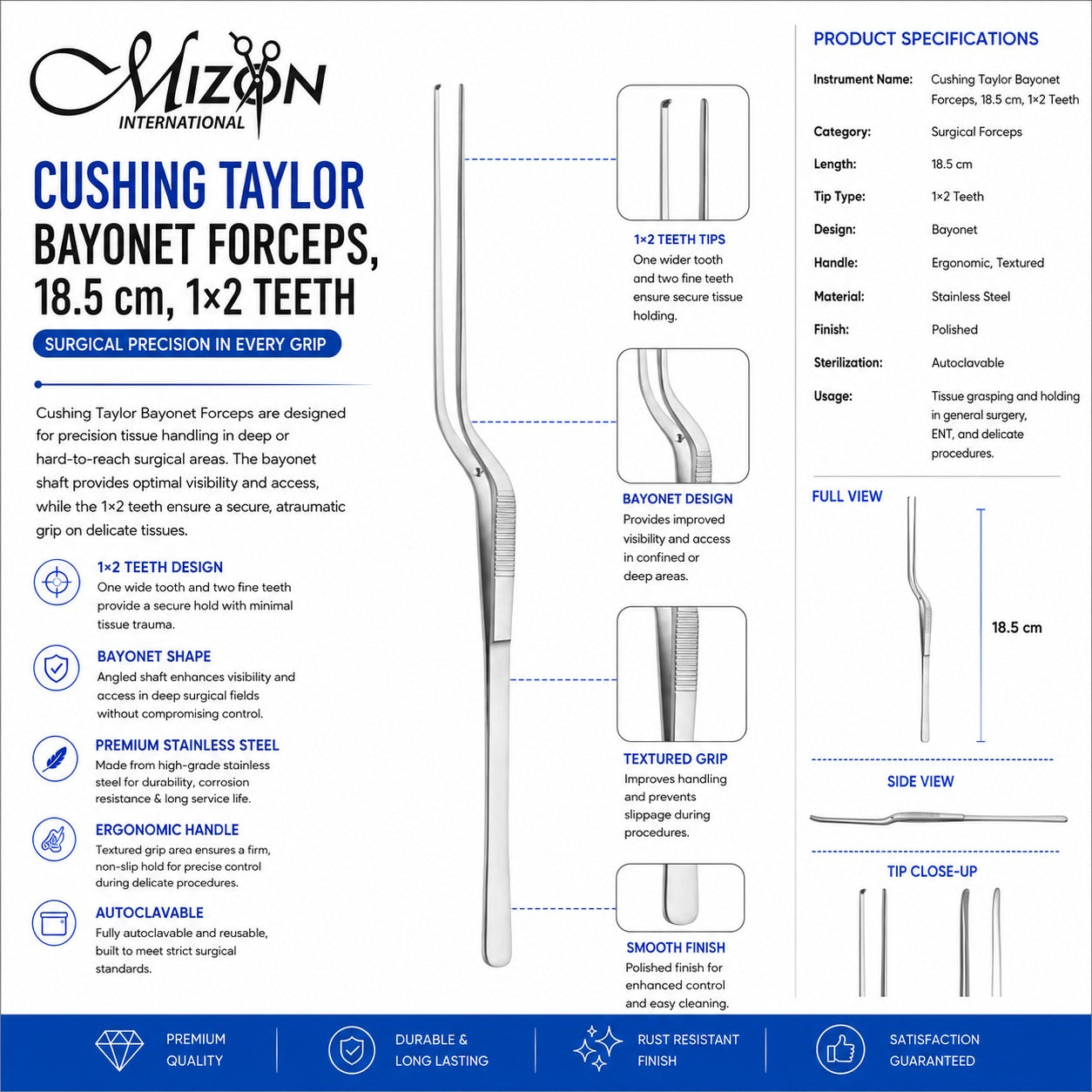 Mizon International Cushing Taylor Bayonet Forceps 18.5 cm, 1×2 Teeth – Stainless Steel Surgical Tissue Forceps