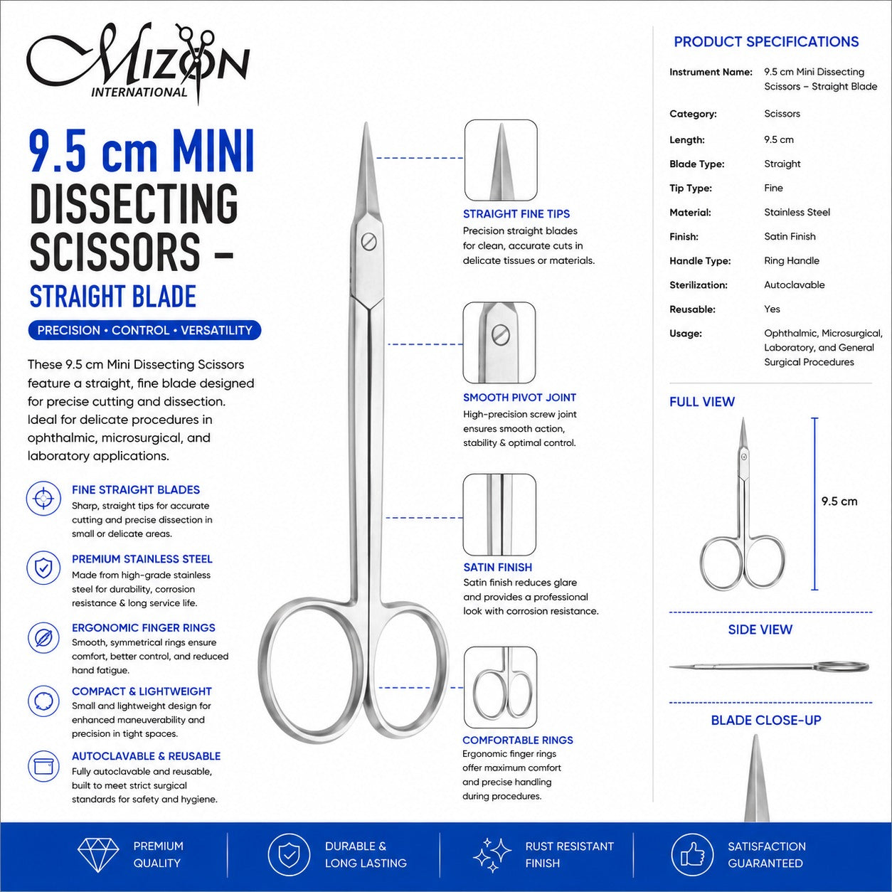 Mizon International 9.5 cm Mini Dissecting Scissors – Straight Blade Stainless Steel Microsurgical Scissors