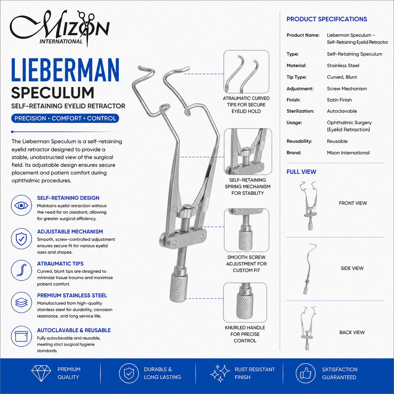 Lieberman Speculum Self-Retaining Eyelid Retractor | Stainless Steel Ophthalmic Surgical Instrument | Mizon International