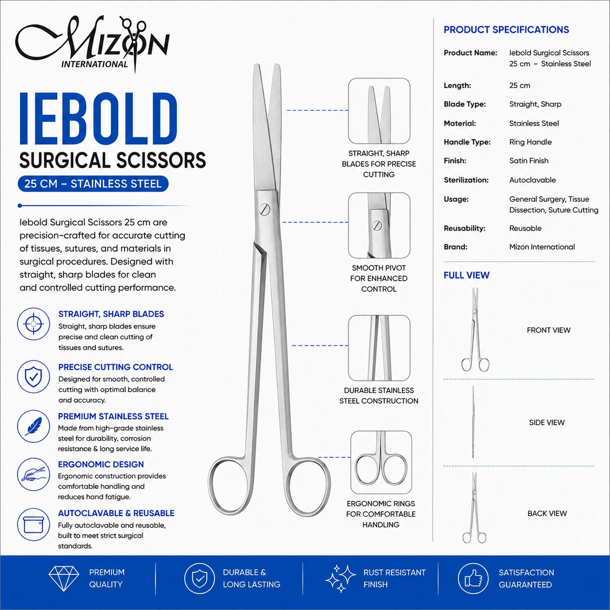 Iebold Surgical Scissors 25 cm Stainless Steel | Straight Surgical Scissors | Mizon International