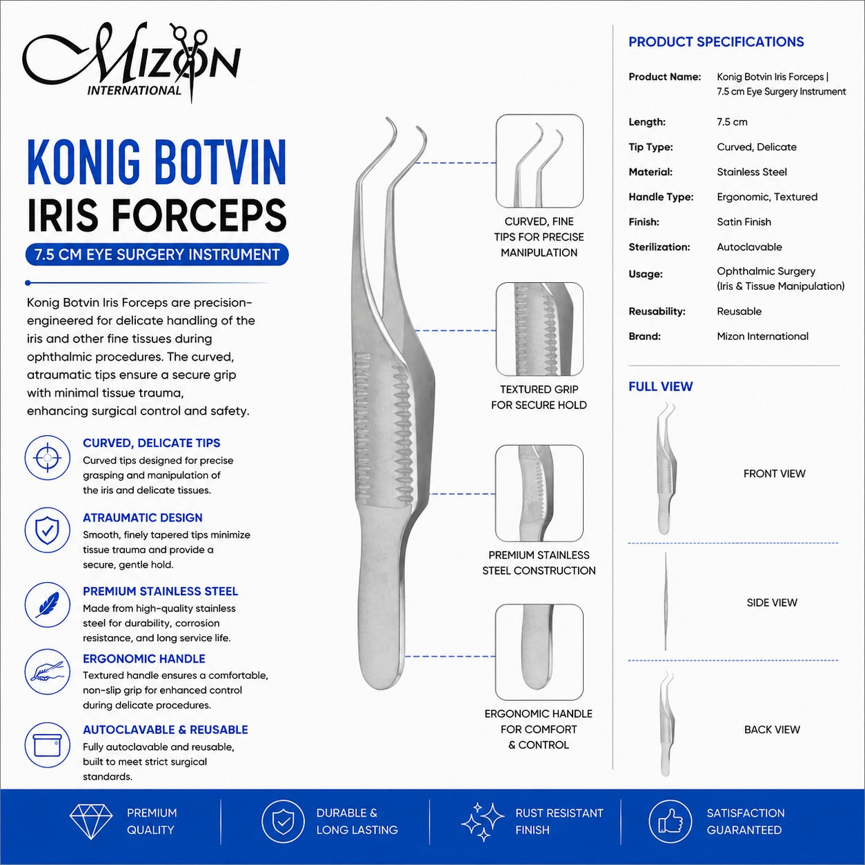 Konig Botvin Iris Forceps 7.5 cm Stainless Steel | Curved Ophthalmic Forceps | Mizon International