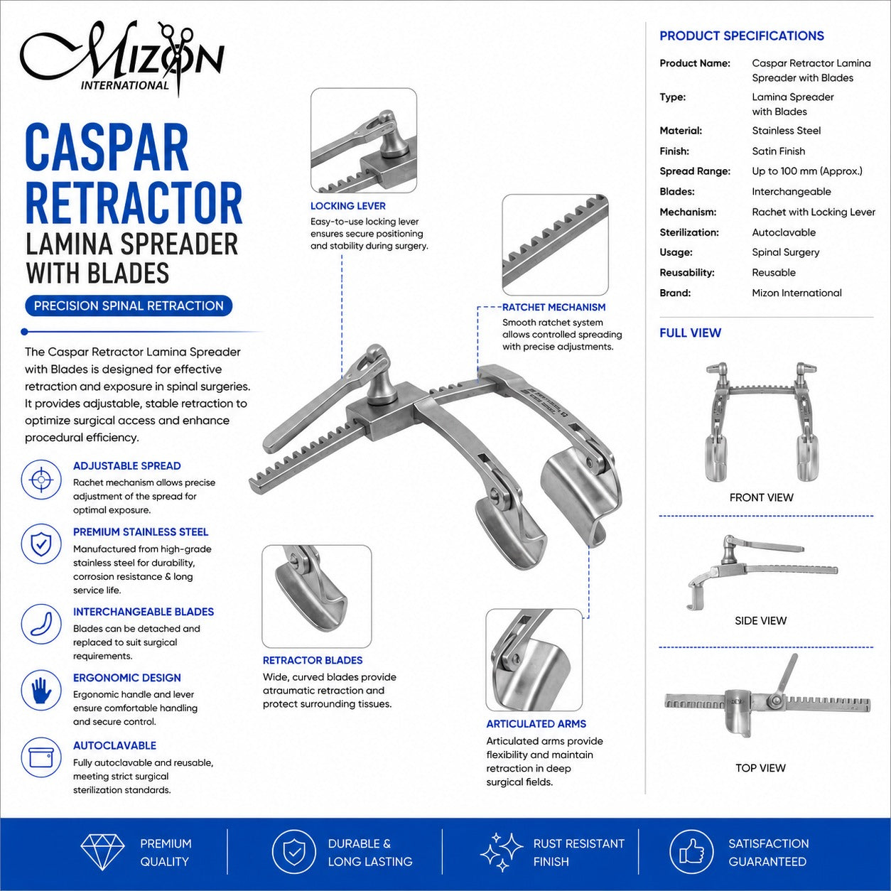 Caspar Retractor Lamina Spreader with Blades | Premium Stainless Steel Spinal Surgery Instrument