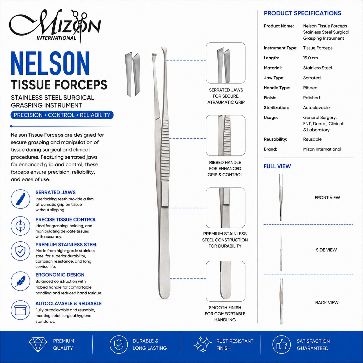 Nelson Tissue Forceps 15 cm Stainless Steel | Serrated Surgical Tissue Forceps | Mizon International