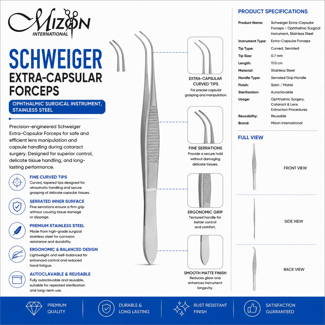 Schweiger Extra-Capsular Forceps 11 cm Stainless Steel | Ophthalmic Cataract Surgery Forceps | Mizon International