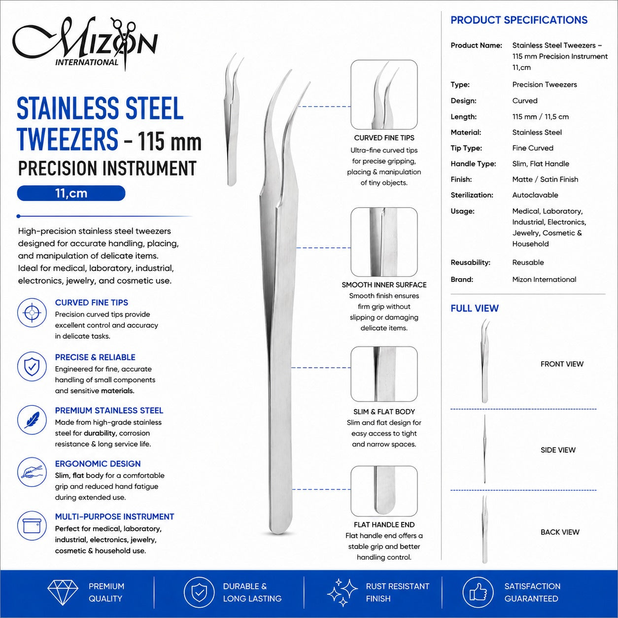 Stainless Steel Curved Precision Tweezers 115 mm (11.5 cm) – Fine Tip Precision Instrument | Mizon International