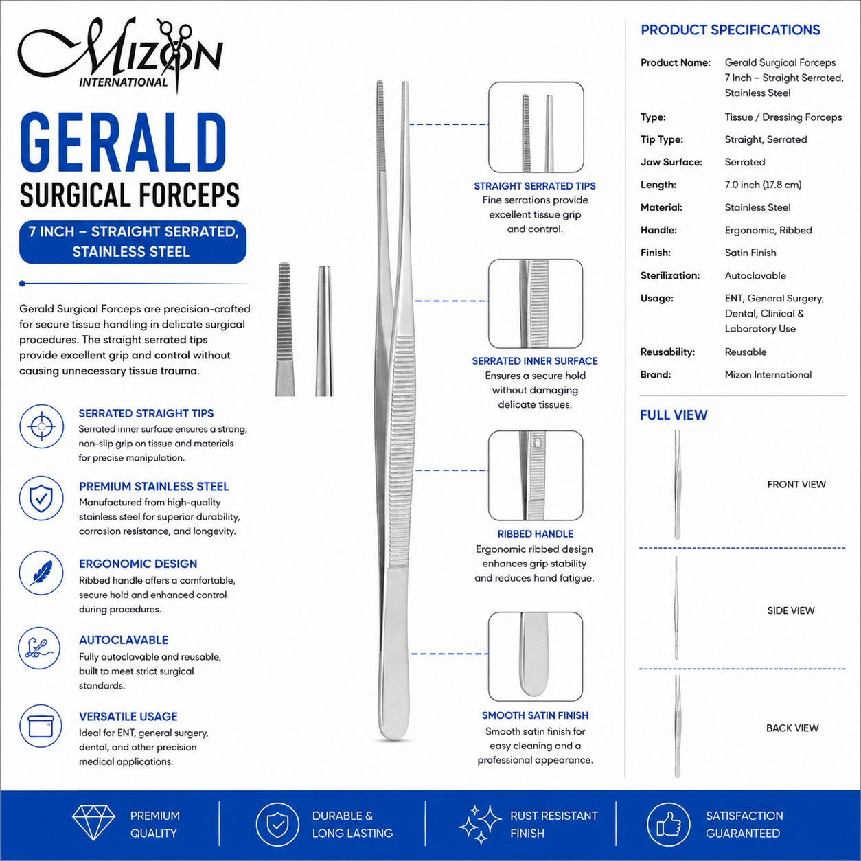 Gerald Surgical Forceps 7 Inch – Straight Serrated Stainless Steel Tissue Forceps | Mizon International