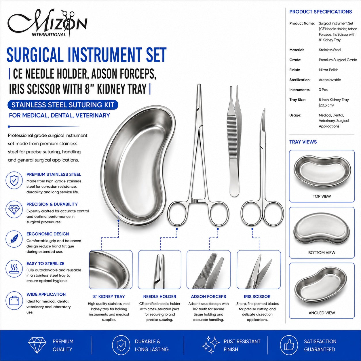 Surgical Instrument Set with 8" Kidney Tray – CE Needle Holder, Adson Forceps & Iris Scissors | Stainless Steel Suturing Kit
