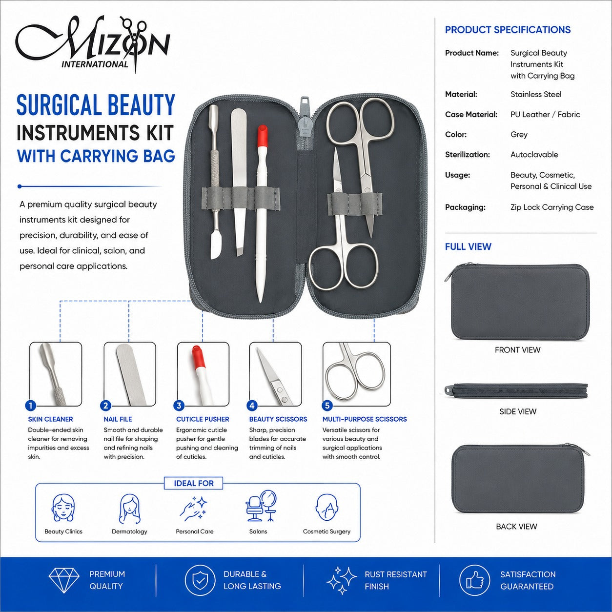 Professional Surgical Beauty Instruments Kit with Carrying Bag – Stainless Steel Manicure & Pedicure Tool Set