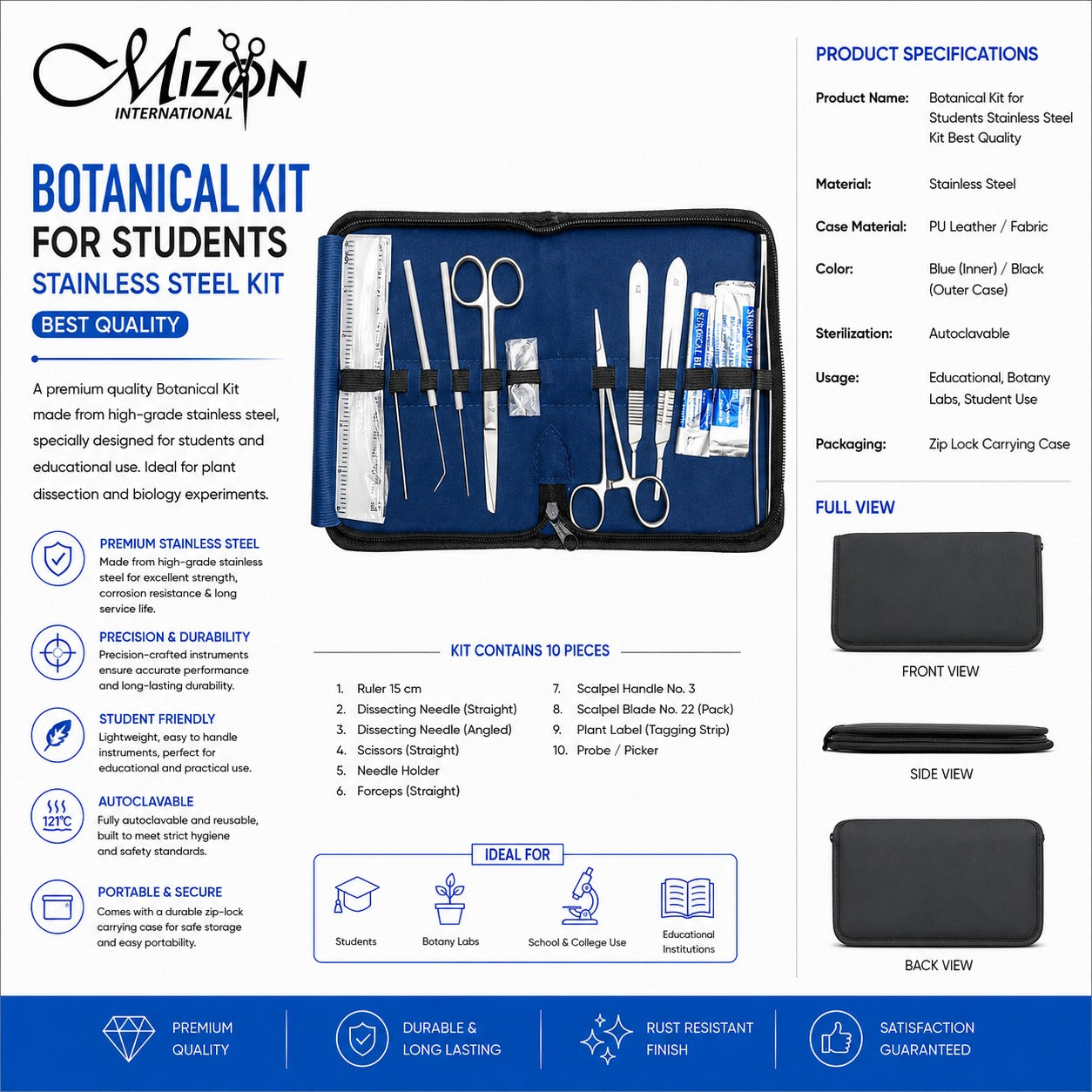 Botanical Dissection Kit for Students – 10 Piece Stainless Steel Educational Lab Instrument Set with Zipper Case