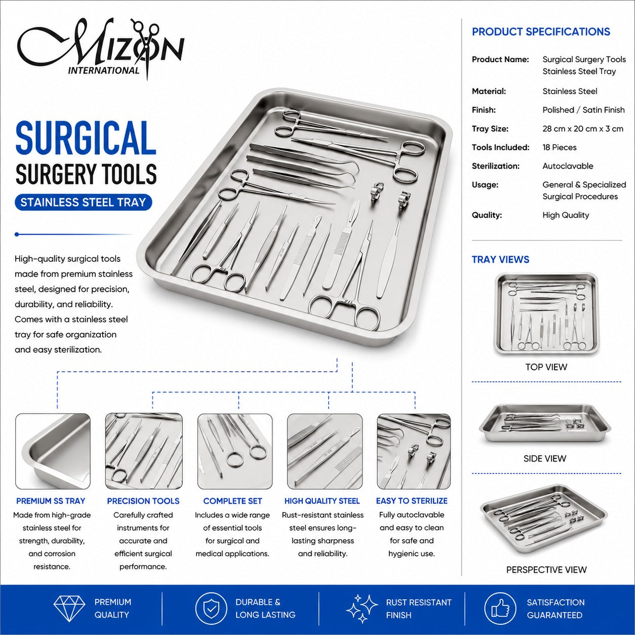 18 Pcs Surgical Instrument Set with Stainless Steel Tray – Professional General Surgery Medical Instrument Kit | Autoclavable