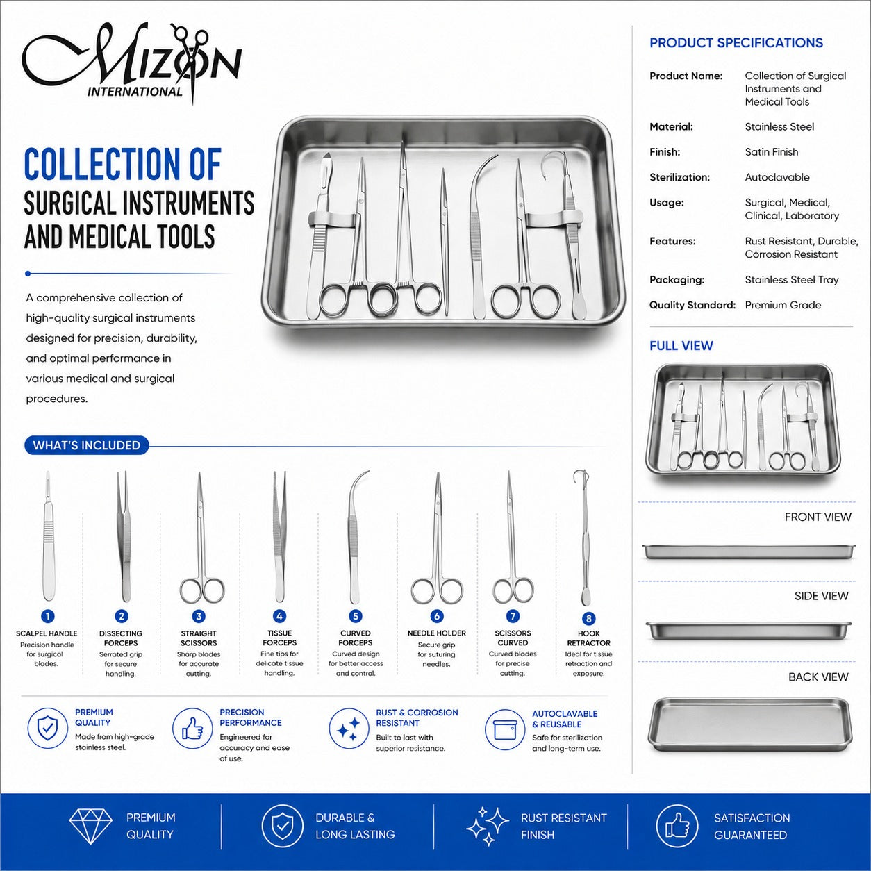 Minor Surgical Instrument Set with Stainless Steel Tray – 8 Pcs General Surgery & Medical Instrument Kit | Autoclavable