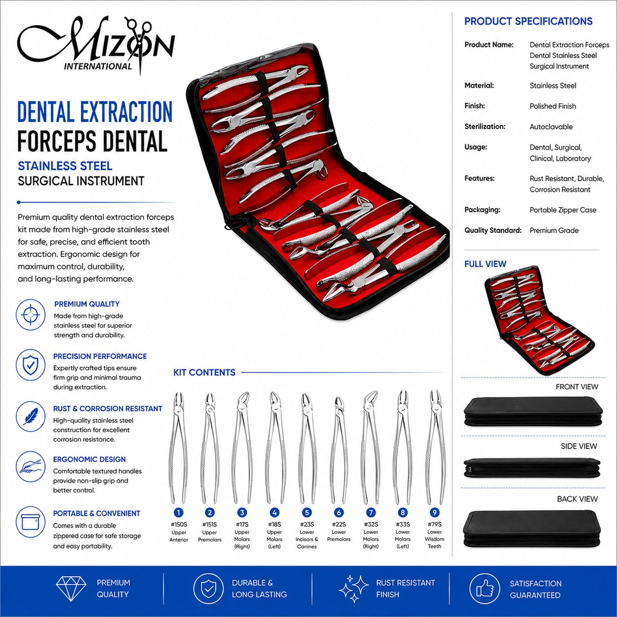 Dental Extraction Forceps Set – 9 Pcs Stainless Steel Tooth Extraction Instrument Kit with Zipper Case | Autoclavable Dental Surgical Instruments