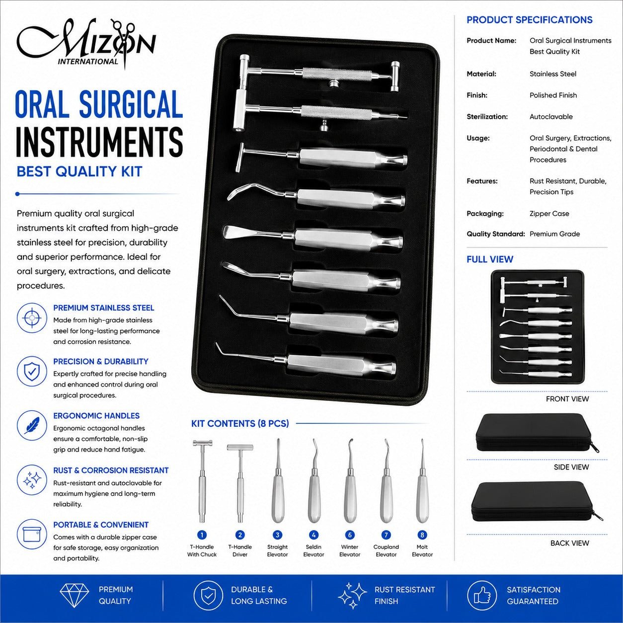 8-Piece Oral Surgical Elevator & Implant Instrument Kit – Stainless Steel with Zipper Case