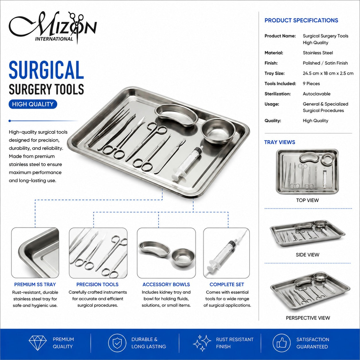 9-Piece Stainless Steel Surgical Dressing Instrument Set with Tray, Kidney Dish & Gallipot
