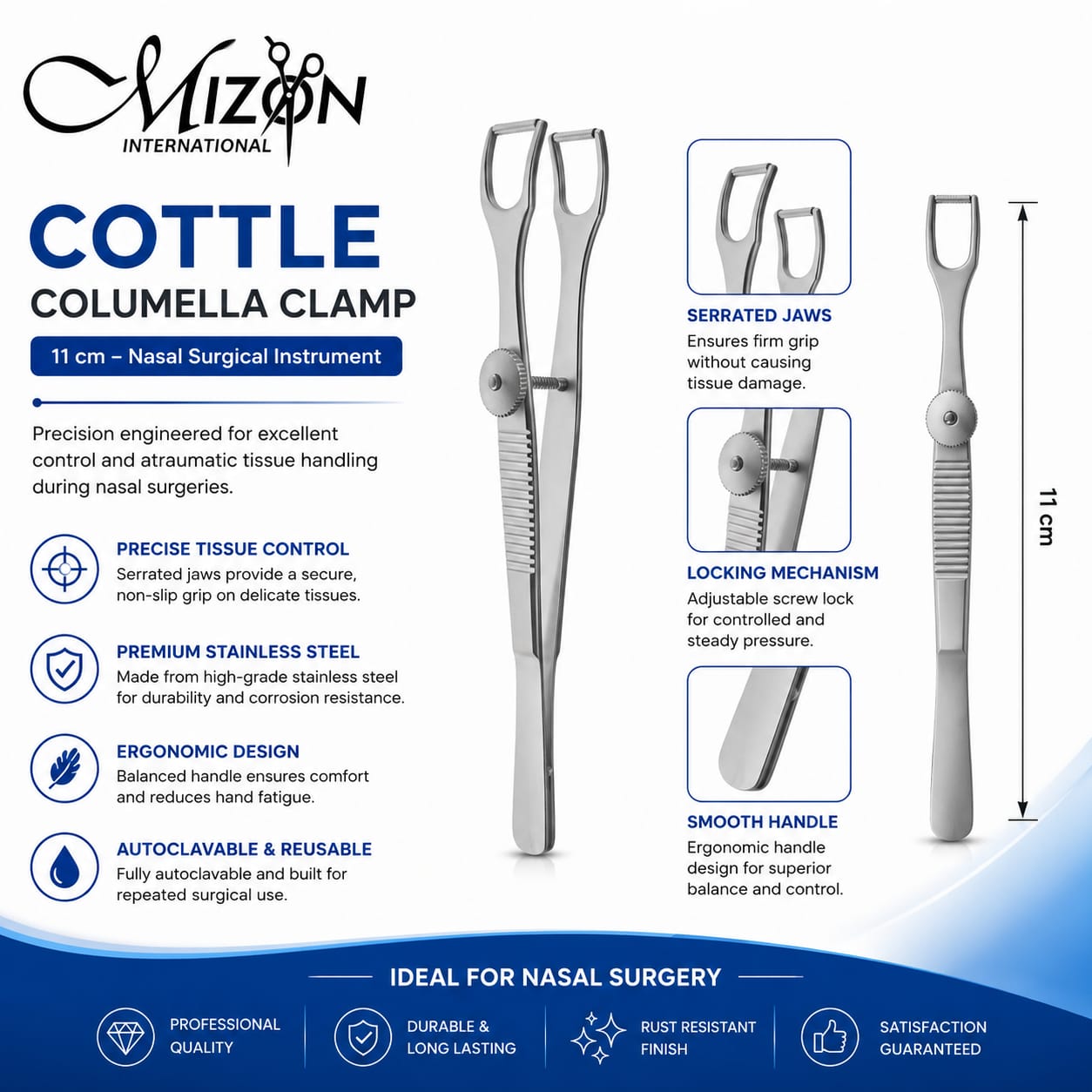 Cottle Columella Clamp – 11 cm Stainless Steel Nasal Surgical Clamp with Adjustable Locking Mechanism