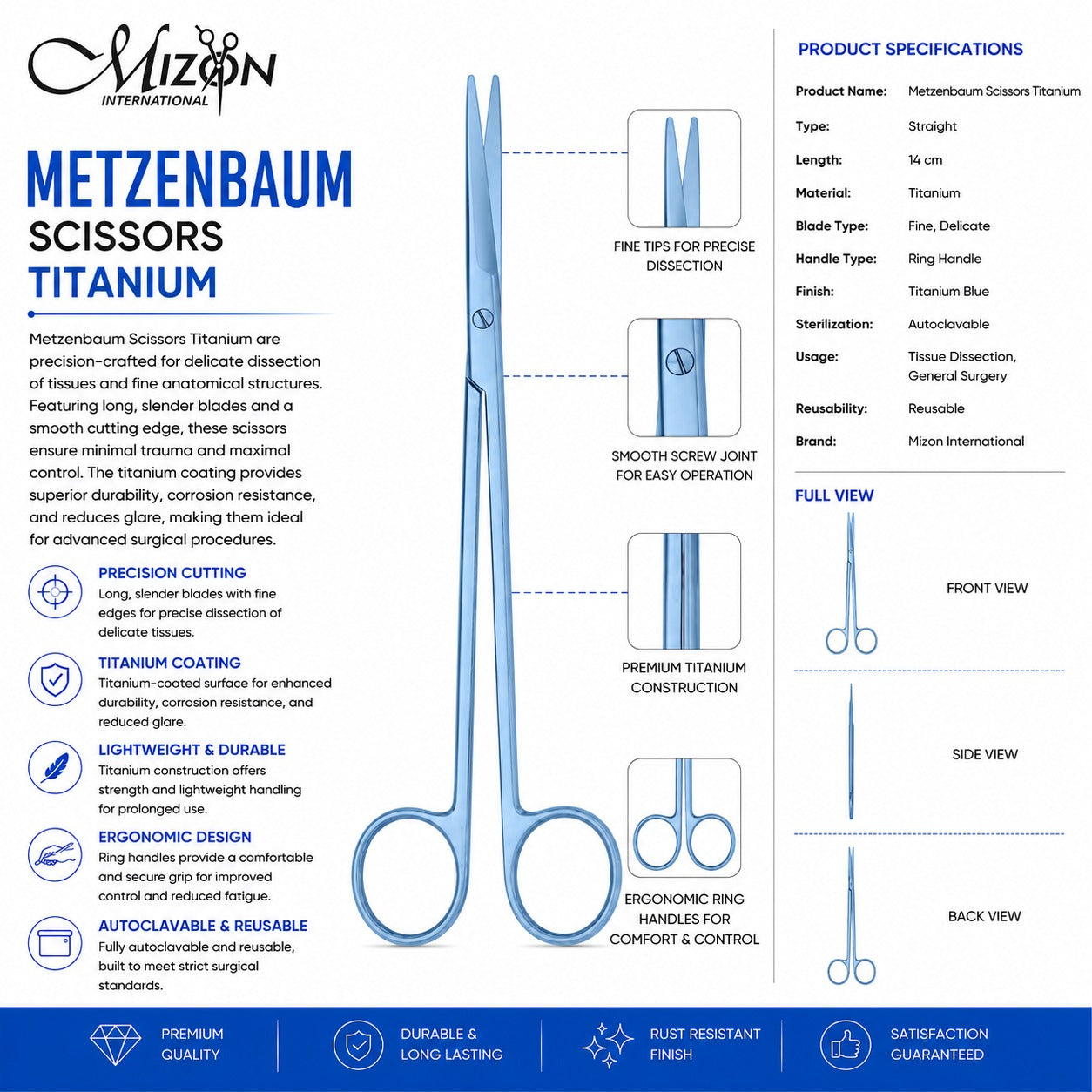 Metzenbaum Scissors Titanium Straight 14 cm – Titanium-Coated Surgical Dissecting Scissors