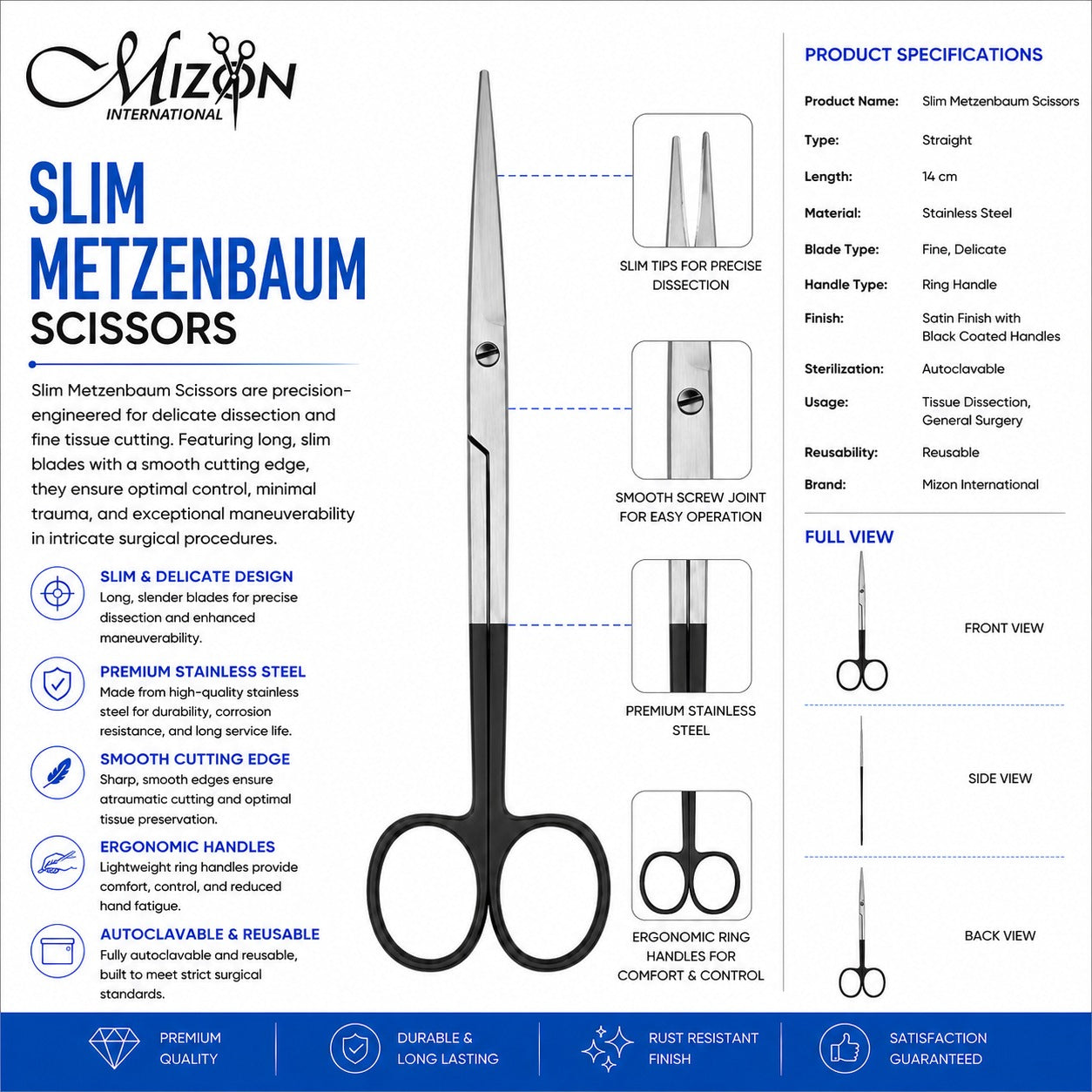 Slim Metzenbaum Scissors Straight 14 cm – Fine Dissecting Surgical Scissors | Black Handle