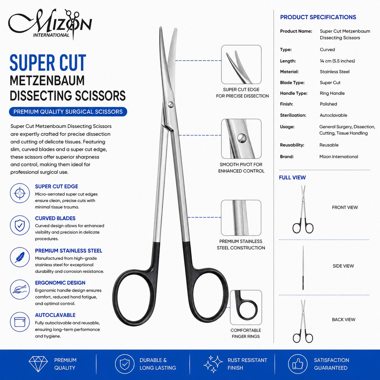 Super Cut Metzenbaum Dissecting Scissors Curved 14 cm (5.5") – Premium Surgical Scissors