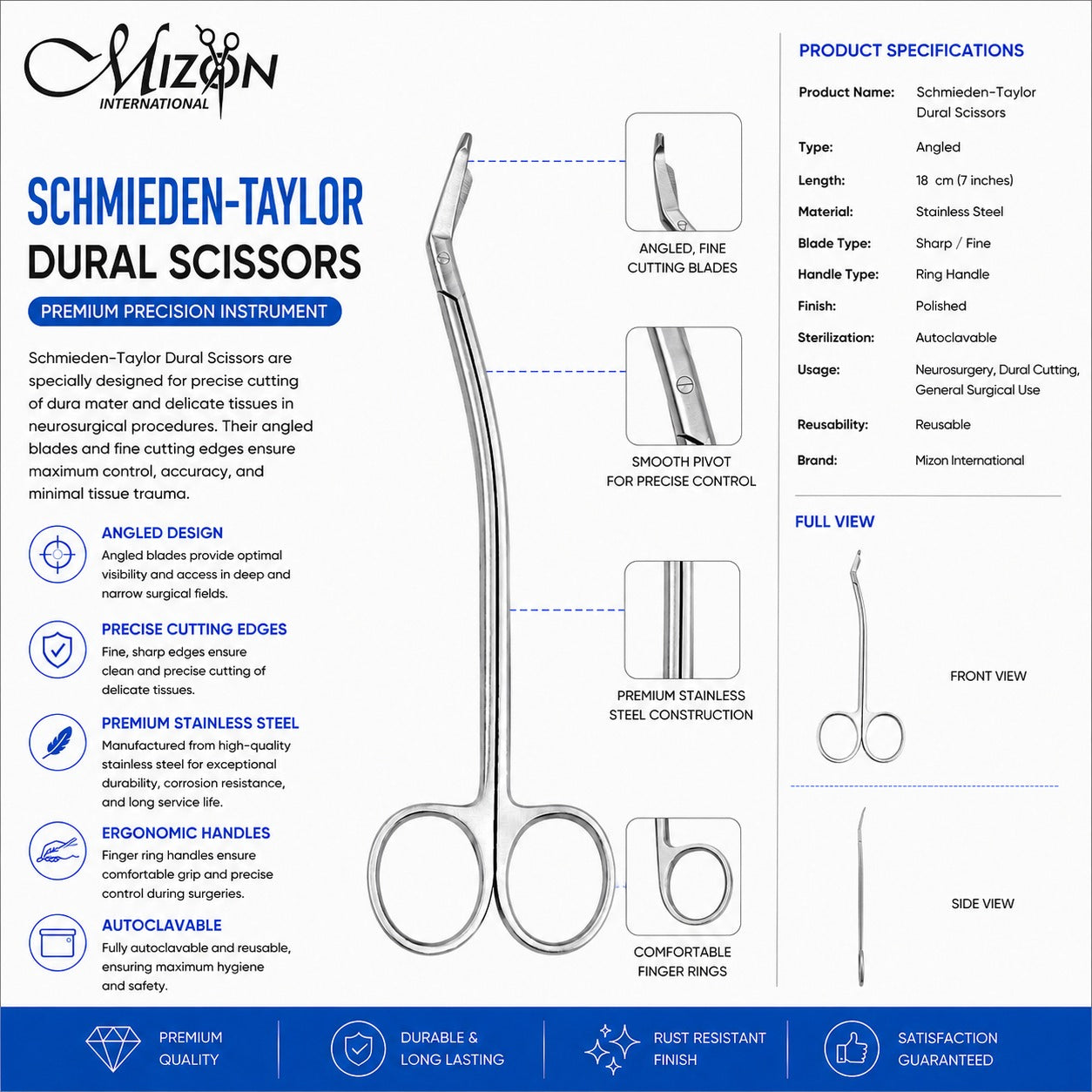 Schmieden-Taylor Dural Scissors Angled 18 cm (7") – Neurosurgical Dura Cutting Scissors | Stainless Steel